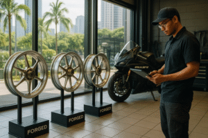 Forged motorcycle wheels in a Malaysian performance garage