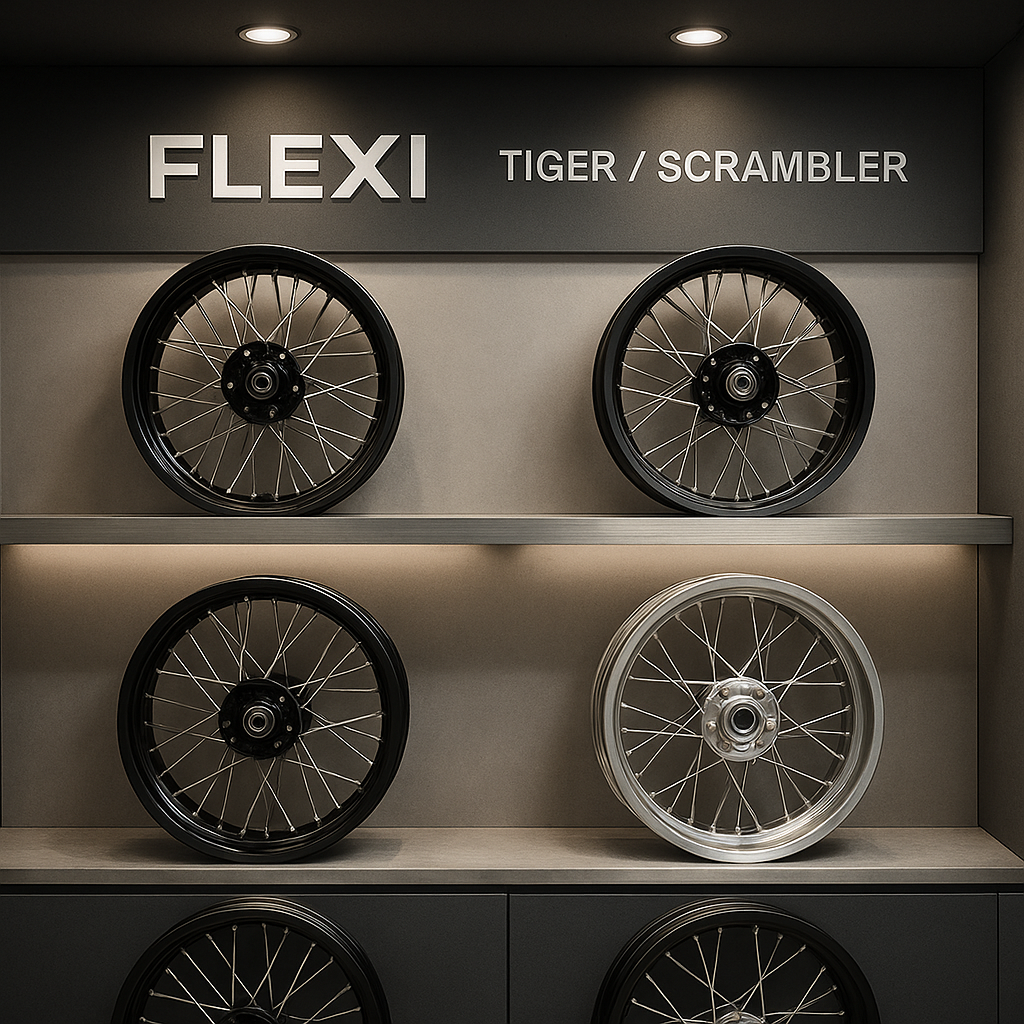 FLEXI Moto Wheels showroom featuring custom Triumph laced wheels on product display wall.