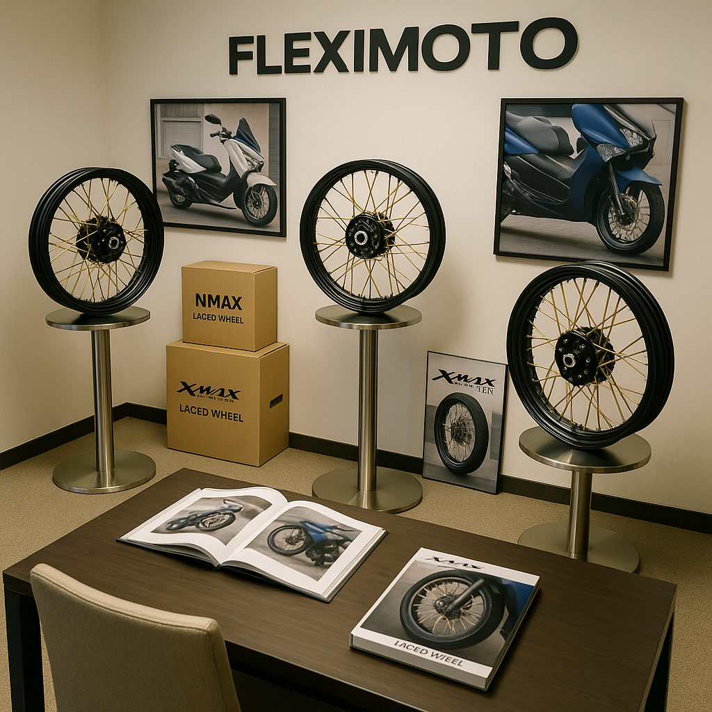 FLEXIMOTO display room presenting laced wheels for Yamaha scooters.