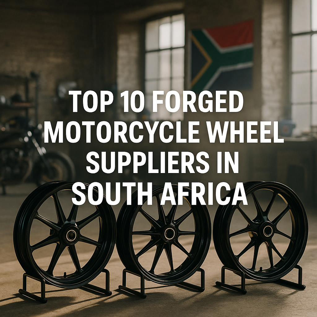 Forged motorcycle wheels displayed inside a South African custom workshop with national flag in background