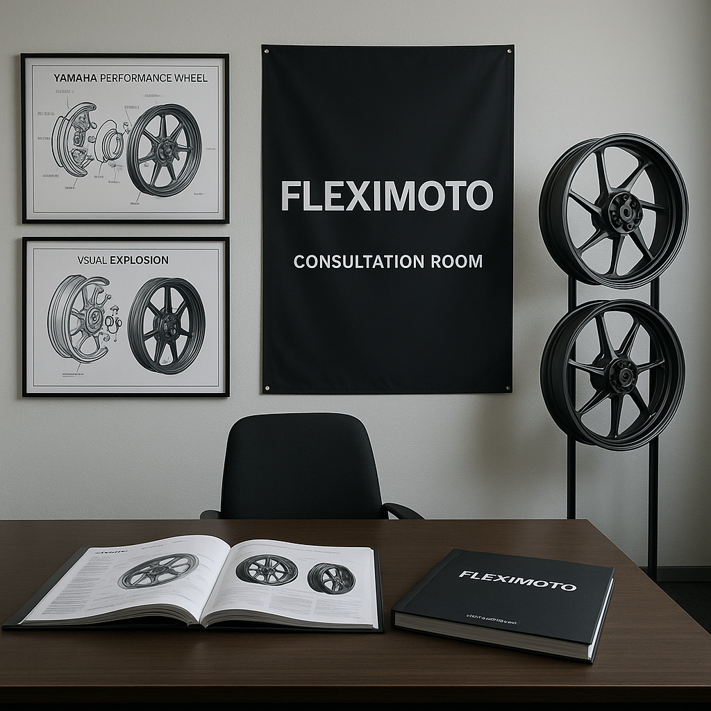 FLEXIMOTO office with forged wheel samples and technical materials for Yamaha performance bikes.