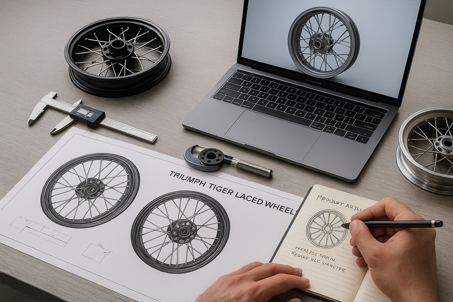 Technical design layout for Triumph laced wheels, including CAD models and engineering tools.