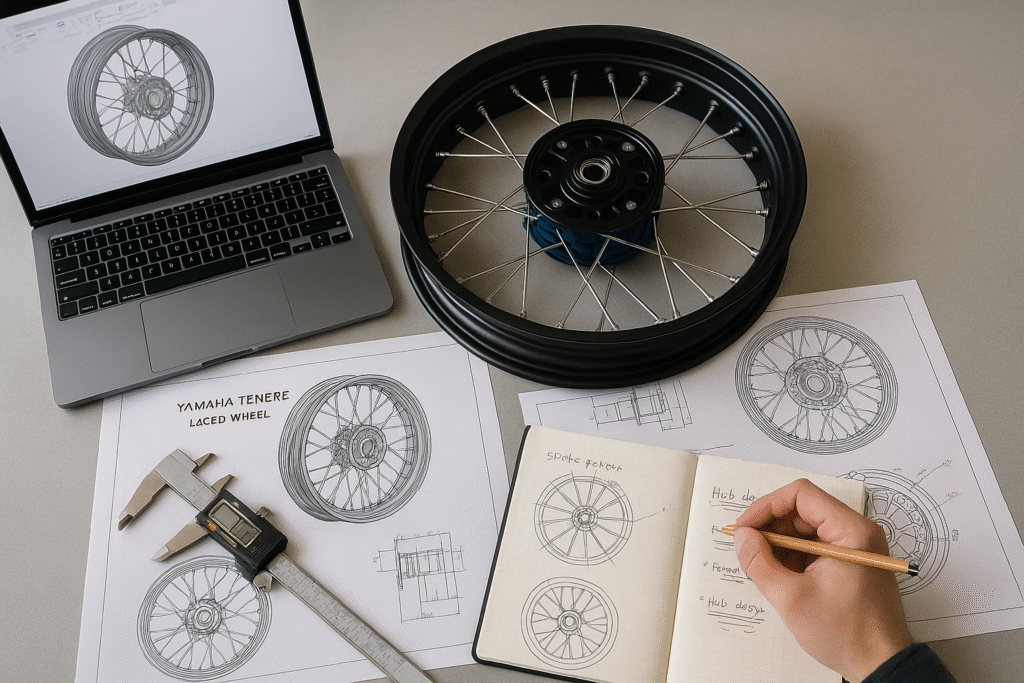 Yamaha Tenere laced wheel technical drawings and CAD model setup for product planning.