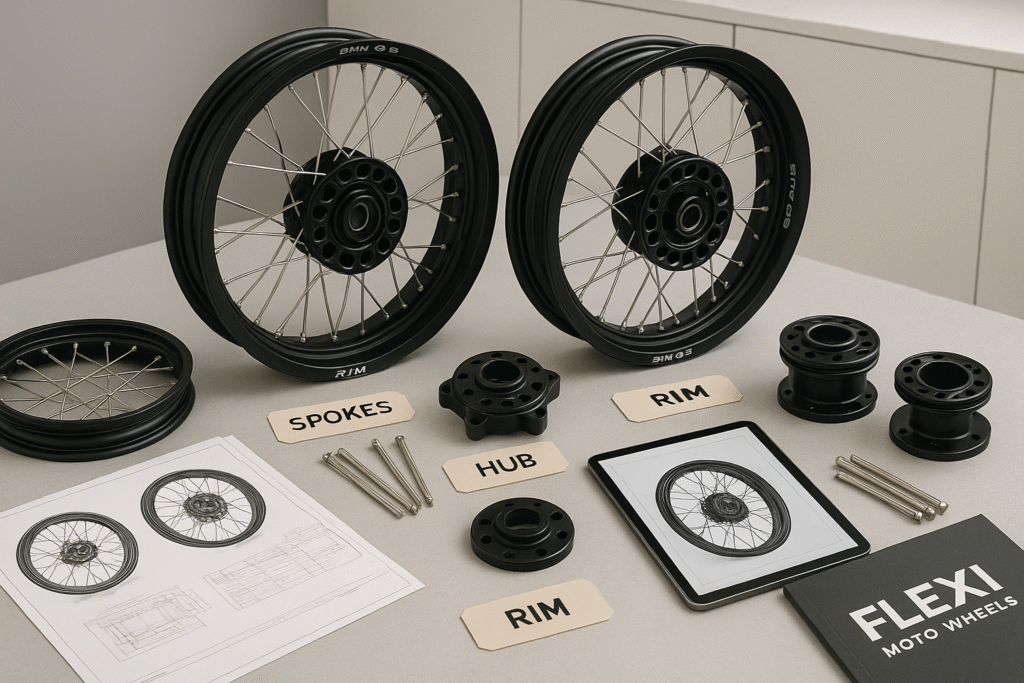 A professional layout of BMW laced motorcycle wheels with technical drawings, CAD previews, and product samples, showing customization and comparison tools in a FLEXI Moto Wheels workspace
