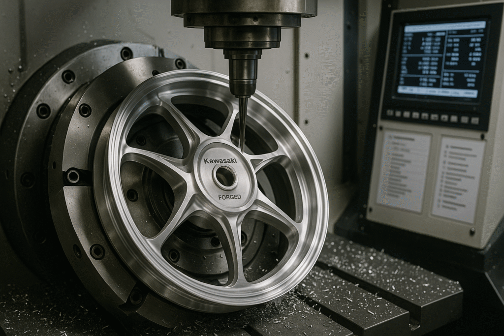 CNC machining of forged wheels for Kawasaki motorcycles at FLEXIMOTO.
