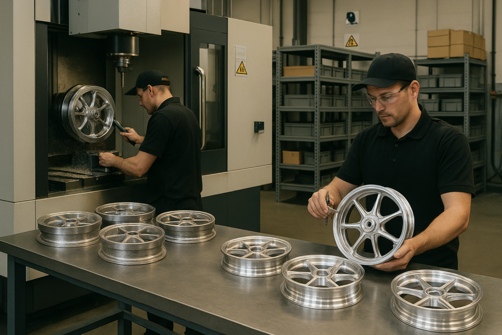 CNC machining process of forged Yamaha scooter wheels at FLEXIMOTO facility.