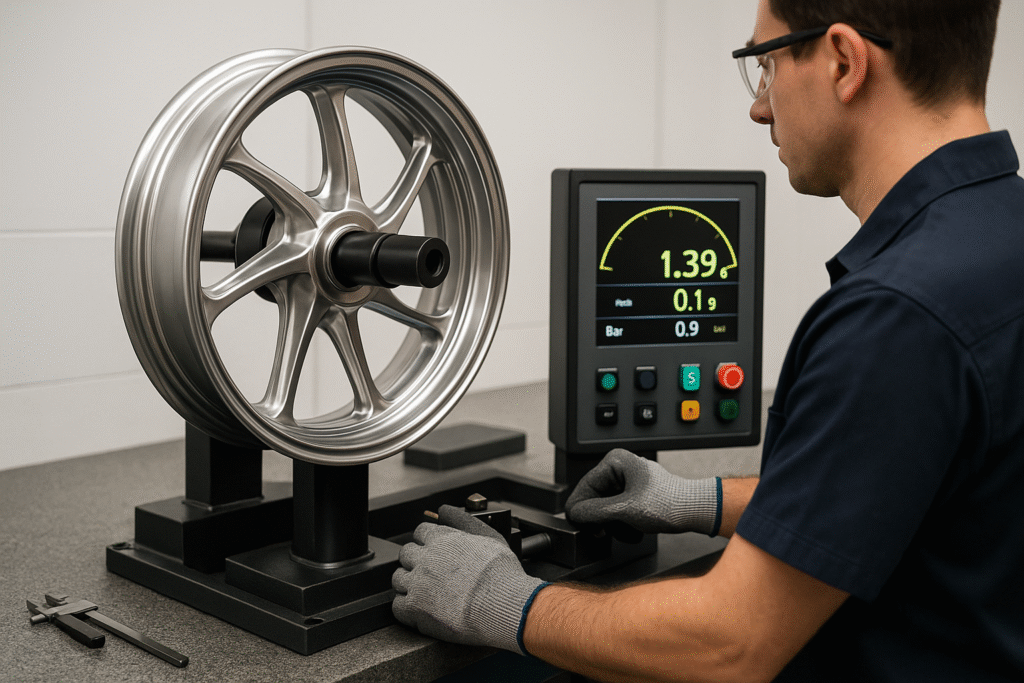 Dynamic balance test being performed on a forged Yamaha scooter wheel at FLEXIMOTO.