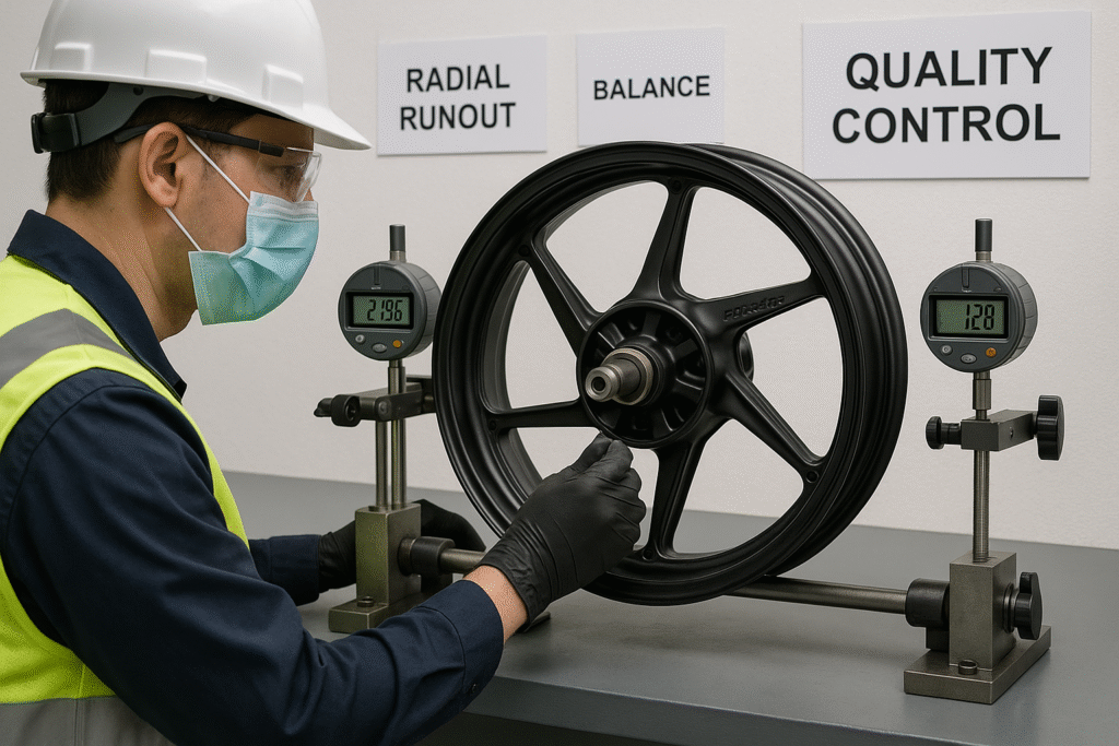 Radial and balance testing of forged Kawasaki motorcycle wheels at FLEXIMOTO.