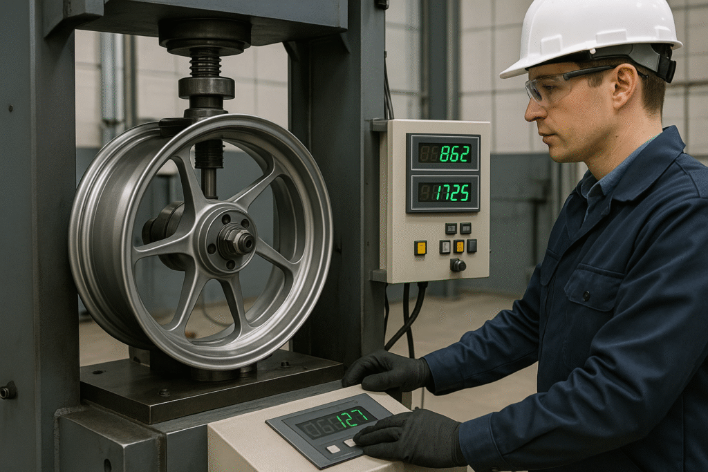 Impact and fatigue testing of Yamaha forged wheels to ensure high-speed reliability.