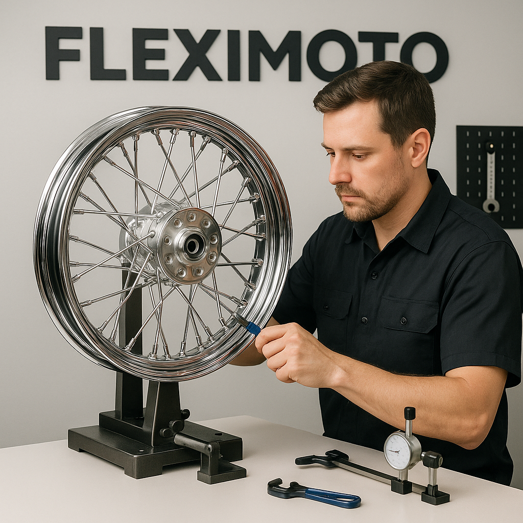 Technician assembling laced wheel for Suzuki Intruder with precision tools in a FLEXIMOTO-branded workshop.