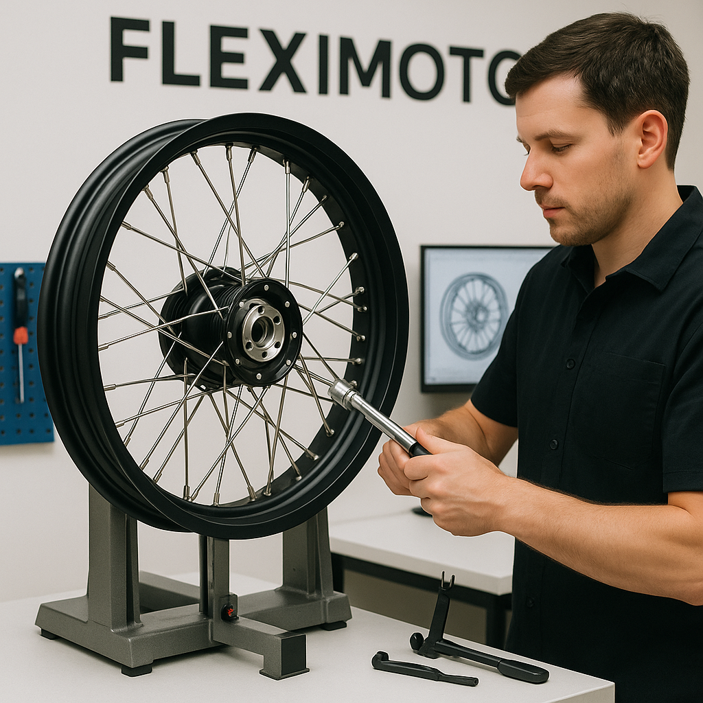 Technician hand-assembling a Triumph Scrambler laced wheel with precision tools in a FLEXIMOTO workshop.