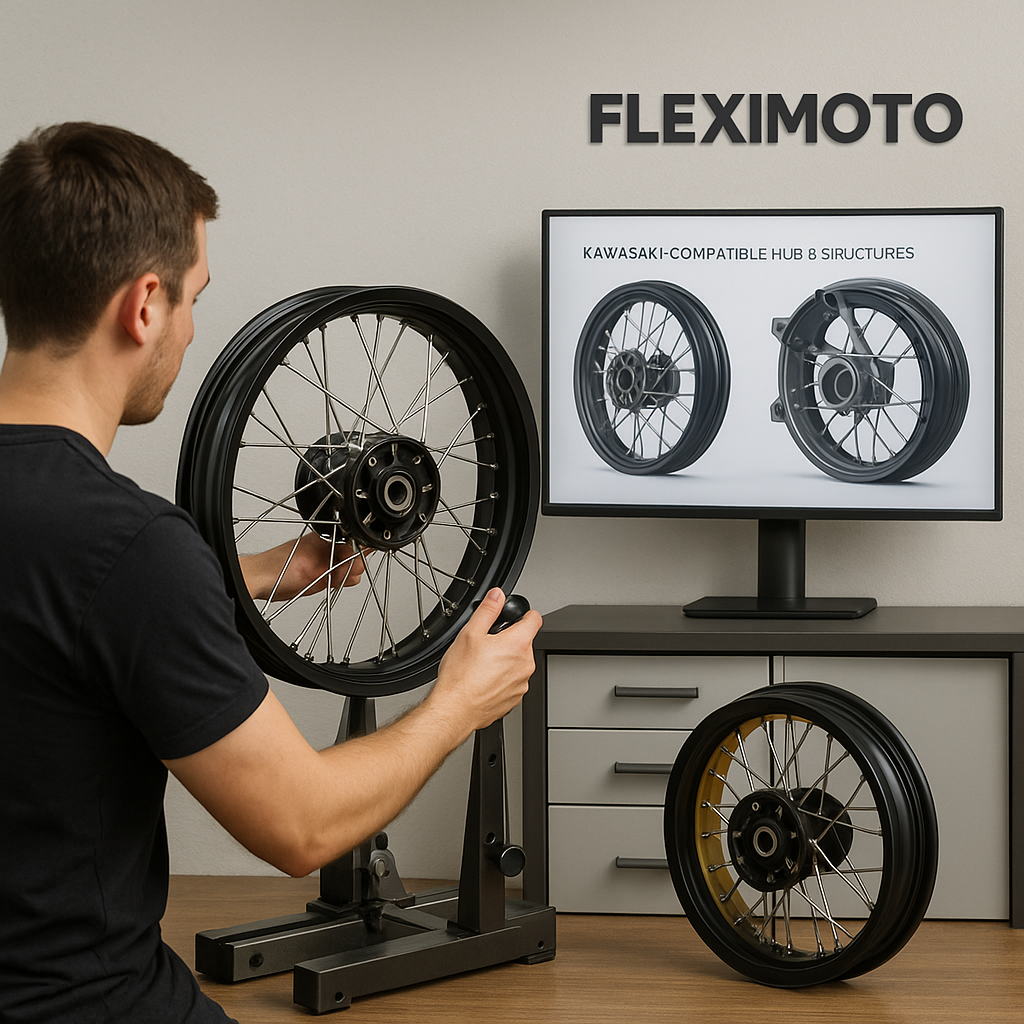 FLEXIMOTO engineer working on Kawasaki KLR650 laced wheel in workshop with CAD design displayed, showcasing R&D expertise.