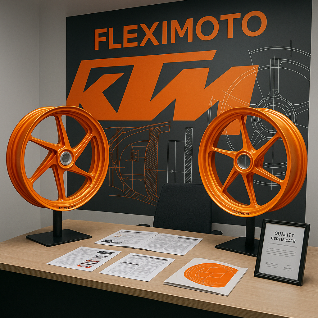 FLEXIMOTO consultation room displaying forged wheels for KTM motorcycles.