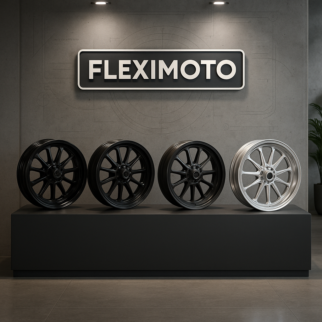 FLEXIMOTO showroom with Harley cruiser forged wheels in various finishes and styles.