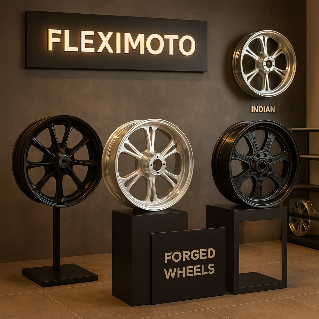 Indoor product showroom displaying forged wheels for Indian Cruiser motorcycles with FLEXIMOTO branding.