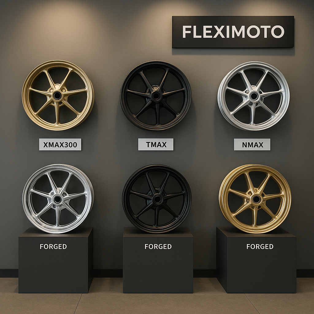 Showroom displaying forged wheels for Yamaha scooters with branding and model tags.