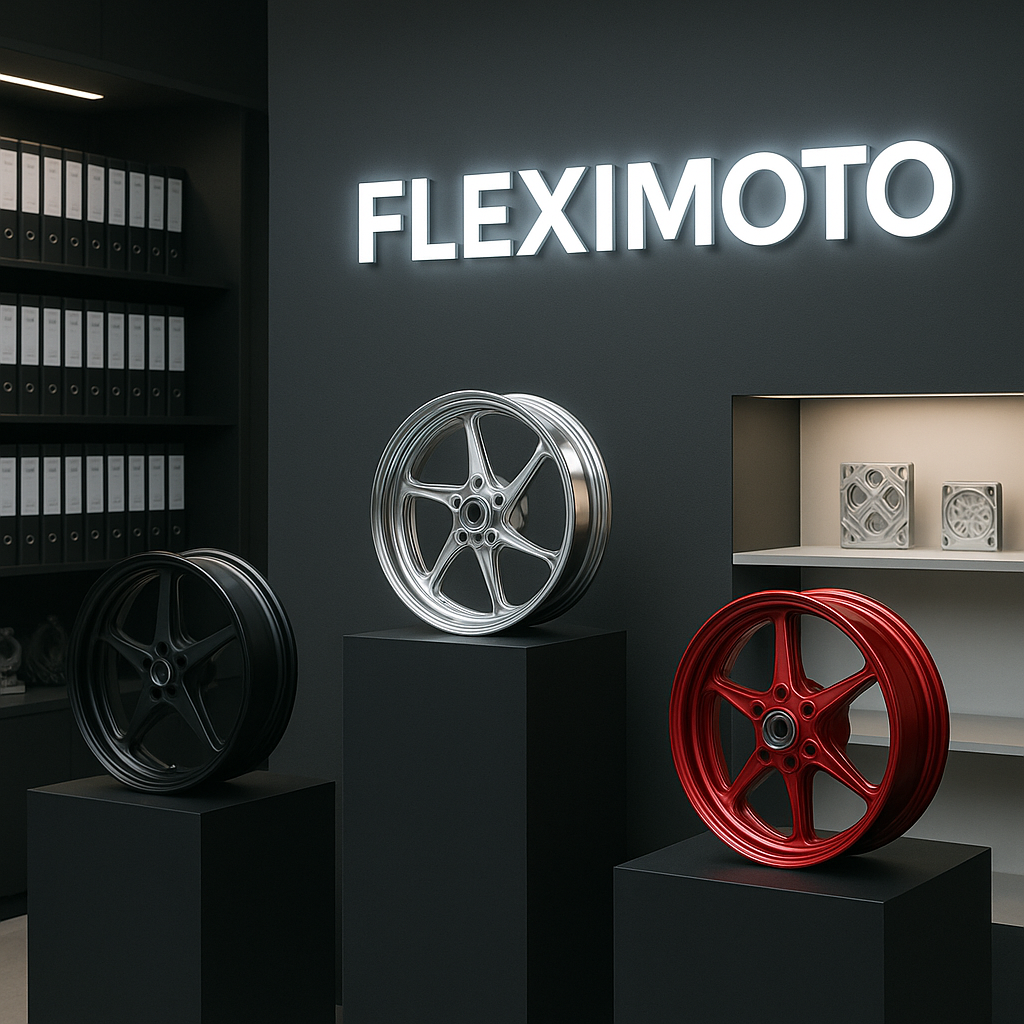 FLEXIMOTO showroom featuring Suzuki forged wheels displayed professionally with company branding and lighting.
