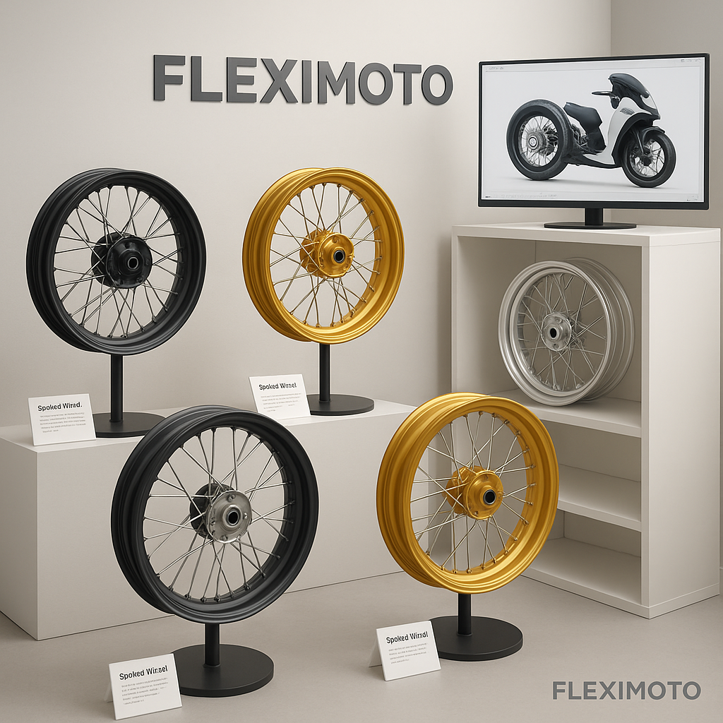 FLEXIMOTO display studio showing laced wheels for Yamaha scooters and digital designs in a modern workspace.