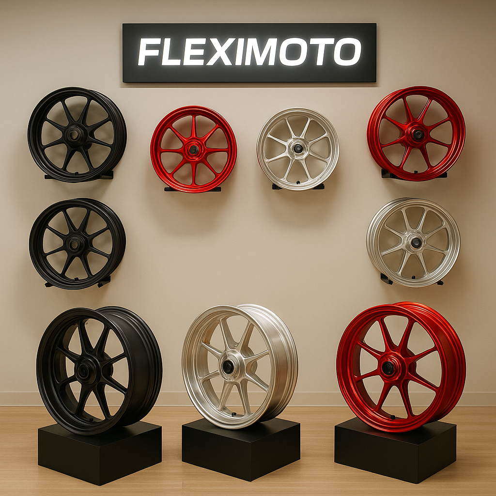 FLEXIMOTO showroom showcasing custom-forged motorcycle wheels with visible brand signage
