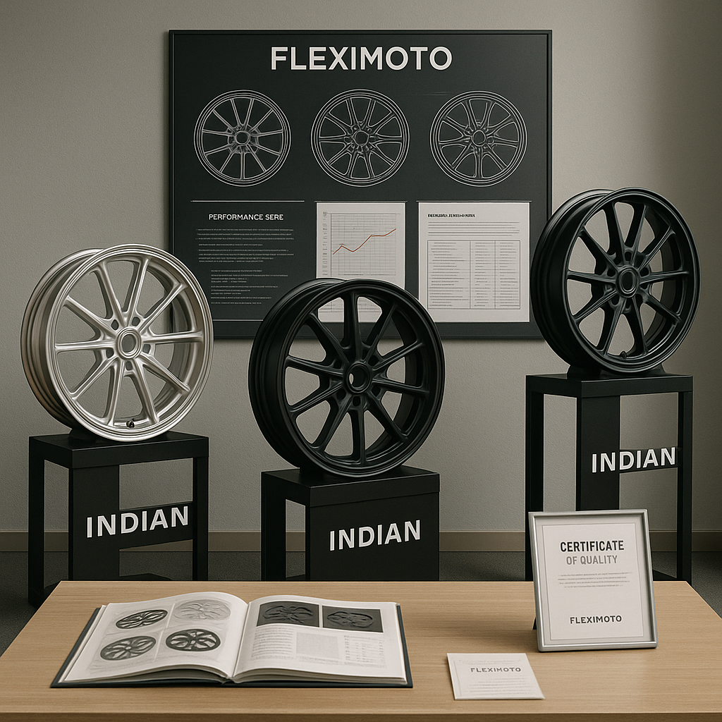 FLEXIMOTO consultation showroom displaying forged wheels for Indian motorcycles.