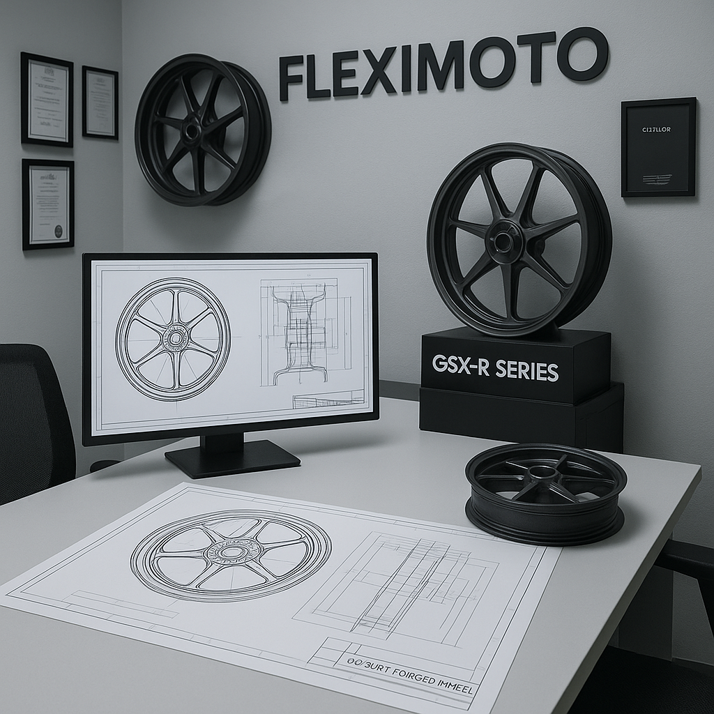 FLEXIMOTO consultation space with forged Suzuki wheel samples and technical diagrams.