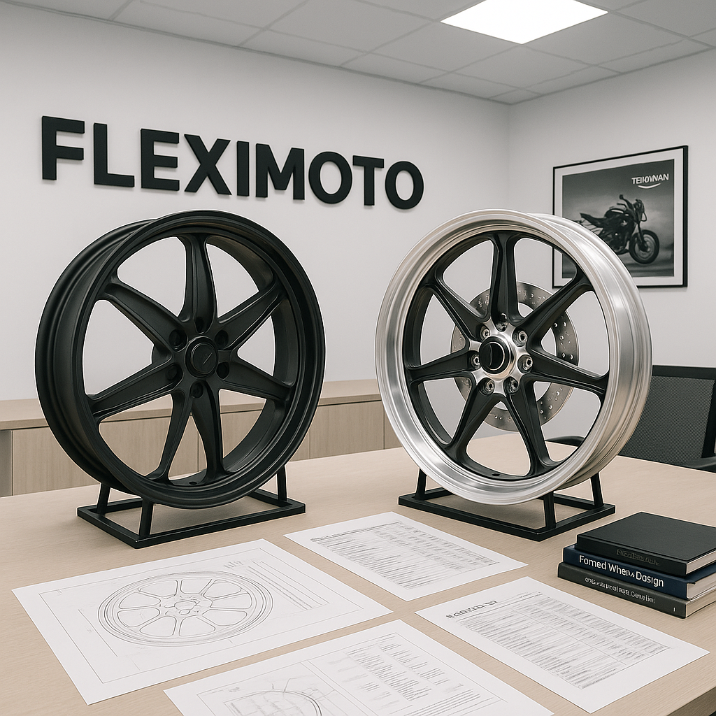 FLEXIMOTO consultation space with forged wheels for Triumph performance bikes.