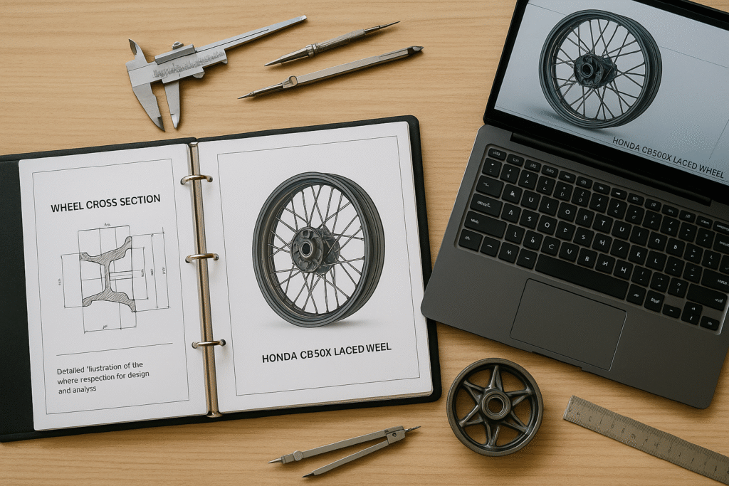 Technical planning workspace with laced wheel CAD model, engineering drawings, and component references