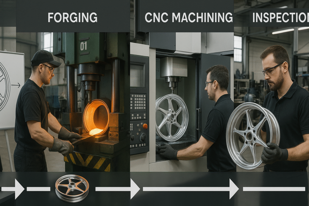 Workflow scene showing custom forged wheel production stages including design, forging, machining, and inspection.