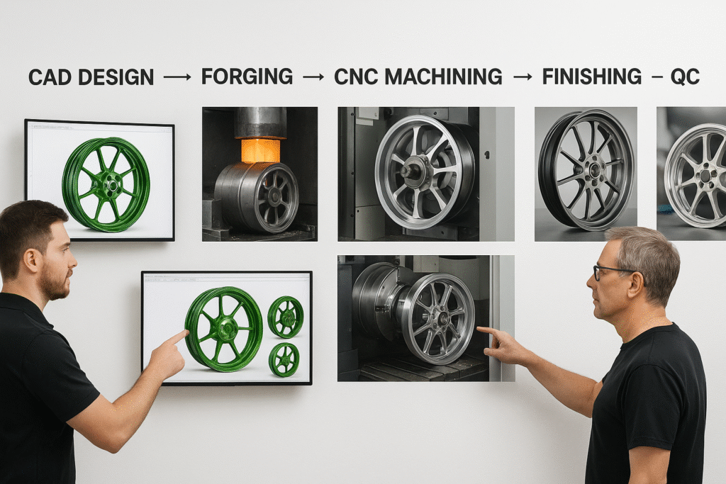 Digital production workflow showing the full process of Kawasaki forged wheel manufacturing including design and engineering.