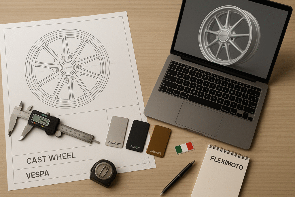 Engineering desk with Vespa cast wheel blueprints, color samples, and 3D model for custom planning
