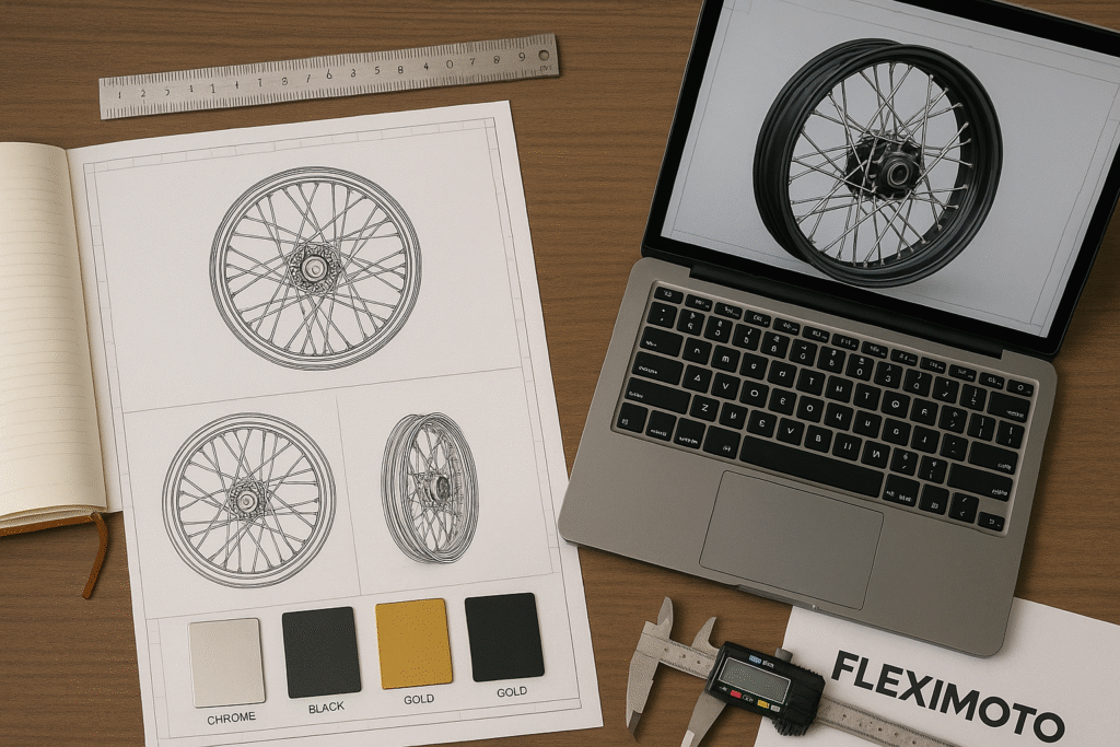 Wheel engineering workspace with CAD drawing of a laced Honda scooter wheel, design notes, and finish samples