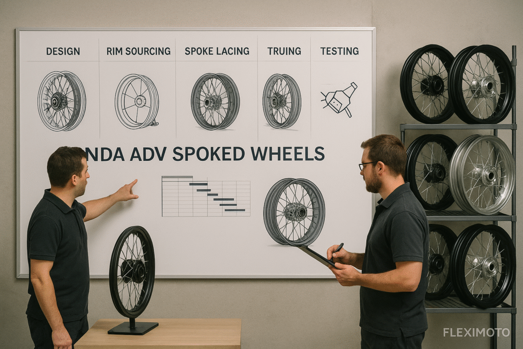 Production planning board and technicians discussing the full manufacturing workflow for Honda adventure laced wheels.