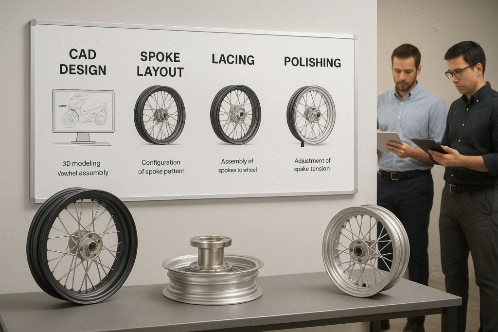 Production workflow for Yamaha scooter laced wheels showing design, manufacturing, and quality control stages.