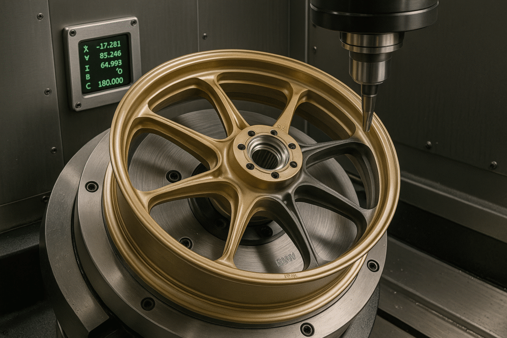 CNC machining of forged BMW motorcycle wheels at FLEXIMOTO facility.