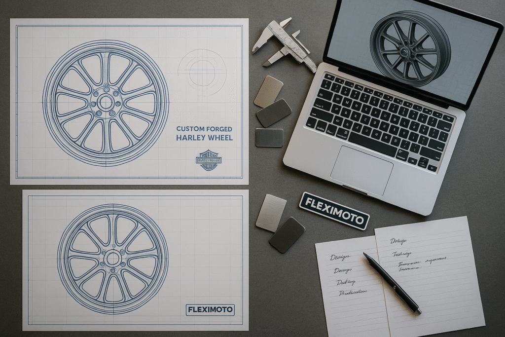 Workspace with design tools and blueprints for custom Harley forged motorcycle wheels.
