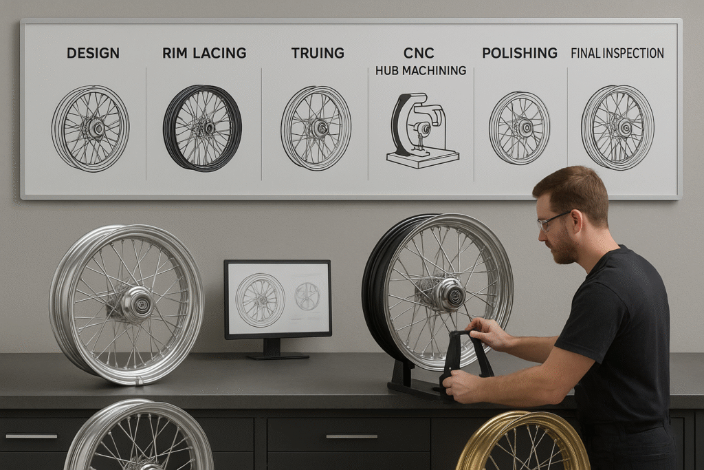 Production workflow board showing stages of custom Harley Davidson laced wheel manufacturing with technician at work.