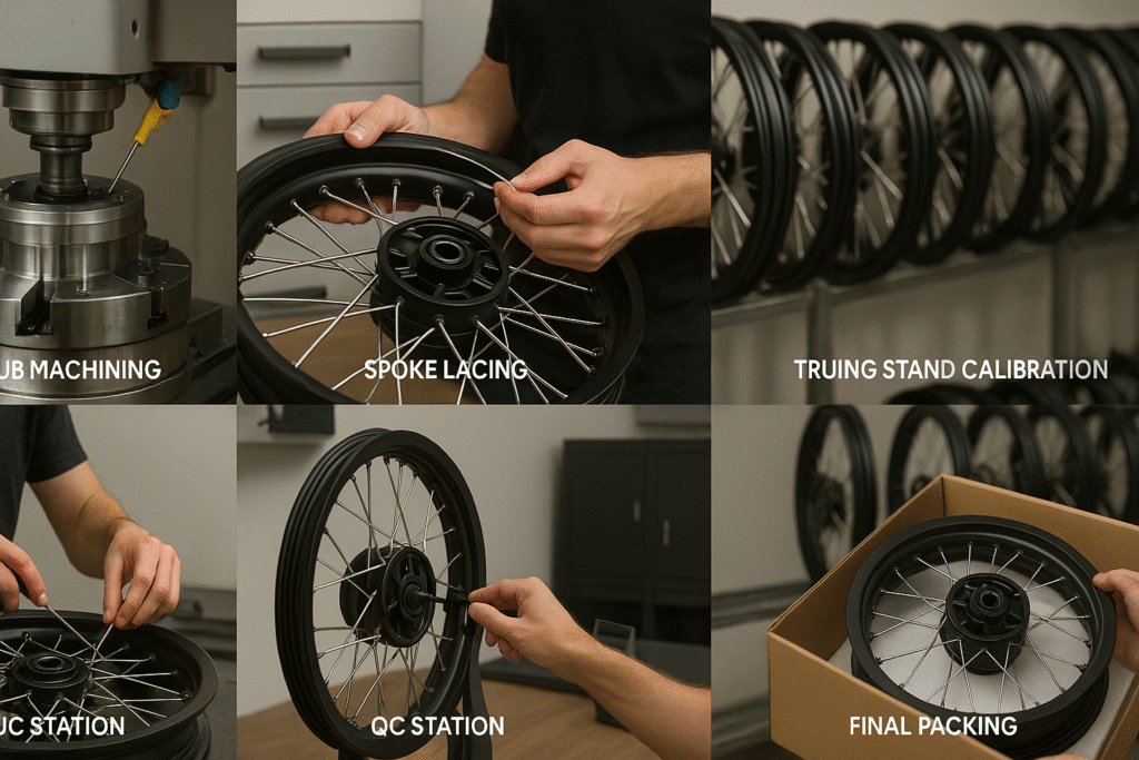 Visual timeline of laced wheel manufacturing for Kawasaki motorcycles, showing CNC, lacing, QC, and packaging steps.