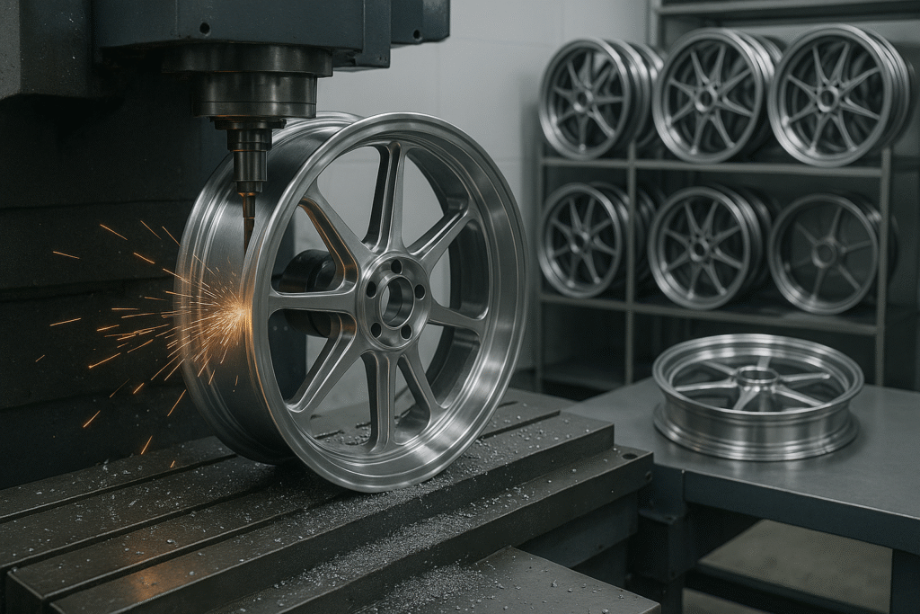 CNC machining process of forged wheels for Suzuki performance motorcycles.