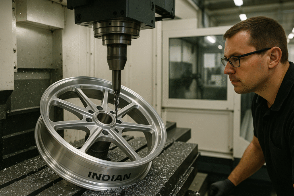 CNC machining process for Indian motorcycle forged wheels at FLEXIMOTO.