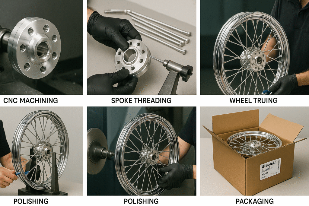 Full production line of Suzuki cruiser laced wheels from CNC to polishing and packaging.