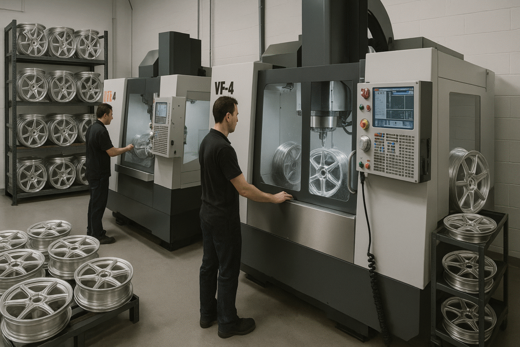 CNC machining center producing forged motorcycle wheels for Honda with high precision