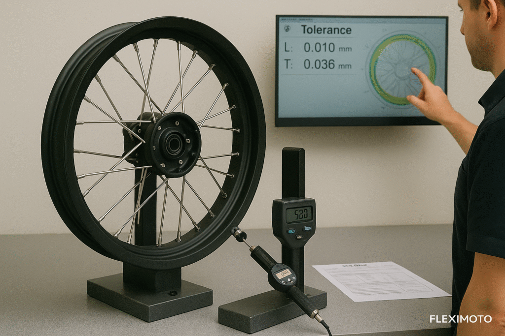 Triumph laced wheel undergoing digital roundness and spoke tension testing during final QA inspection.