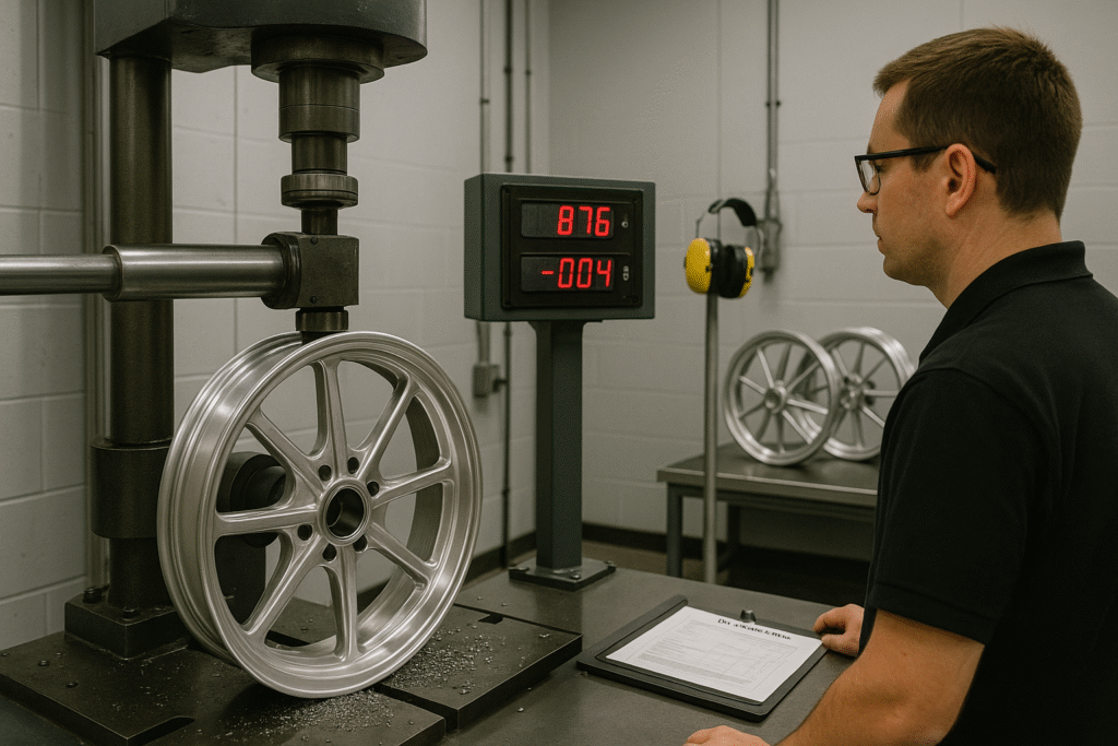 Structural testing of forged Indian cruiser wheels to ensure durability and performance.
