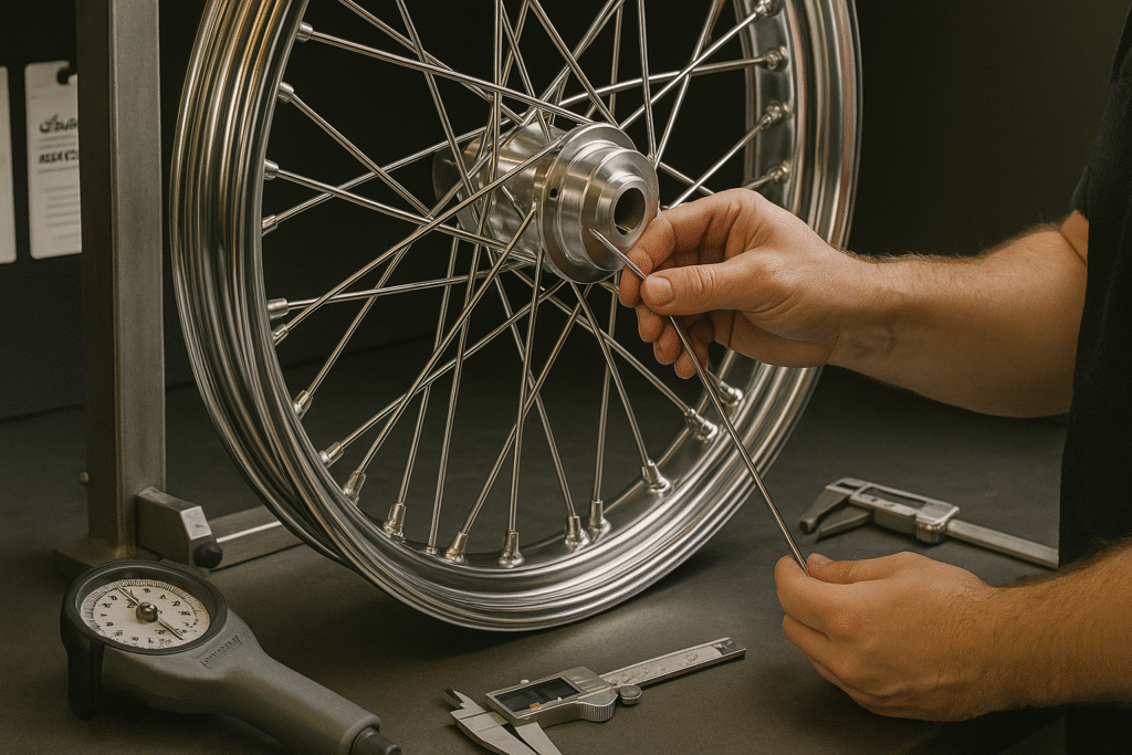 Technician assembling and inspecting a custom Indian motorcycle laced wheel in a precision-controlled workshop.
