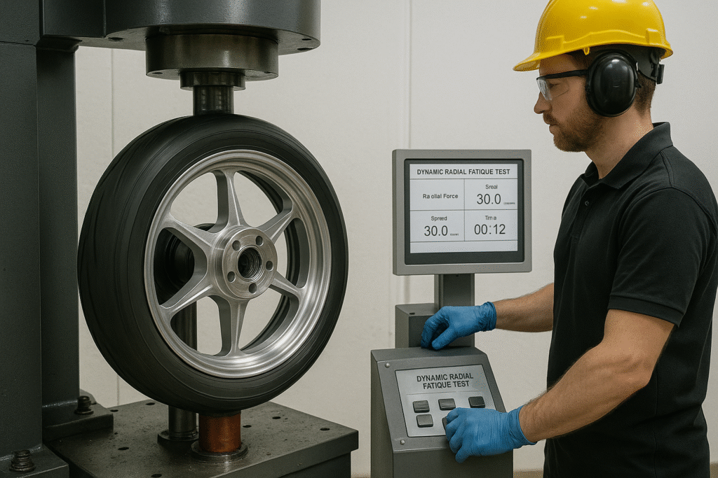 Fatigue and radial testing of forged Triumph motorcycle wheels at FLEXIMOTO quality lab.