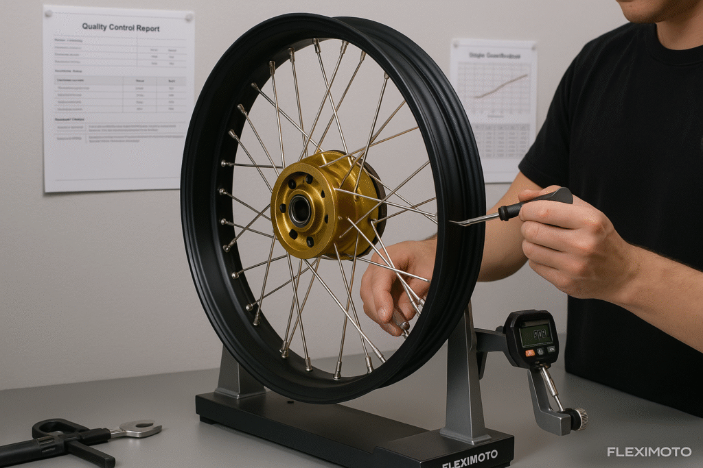 Manufacturing workflow board showing the full process of Honda scooter laced wheel production from design to delivery.