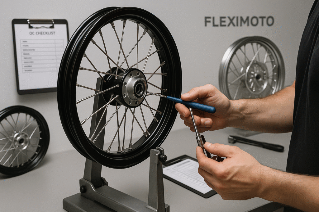 Technician assembling and inspecting a Yamaha scooter laced wheel on a truing stand in a professional workshop.
