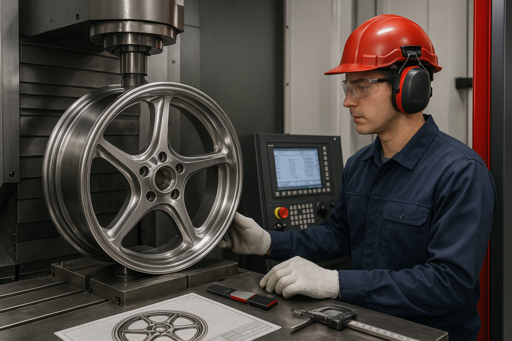 CNC technician machining a forged wheel for Honda sportbike in a precision workshop.