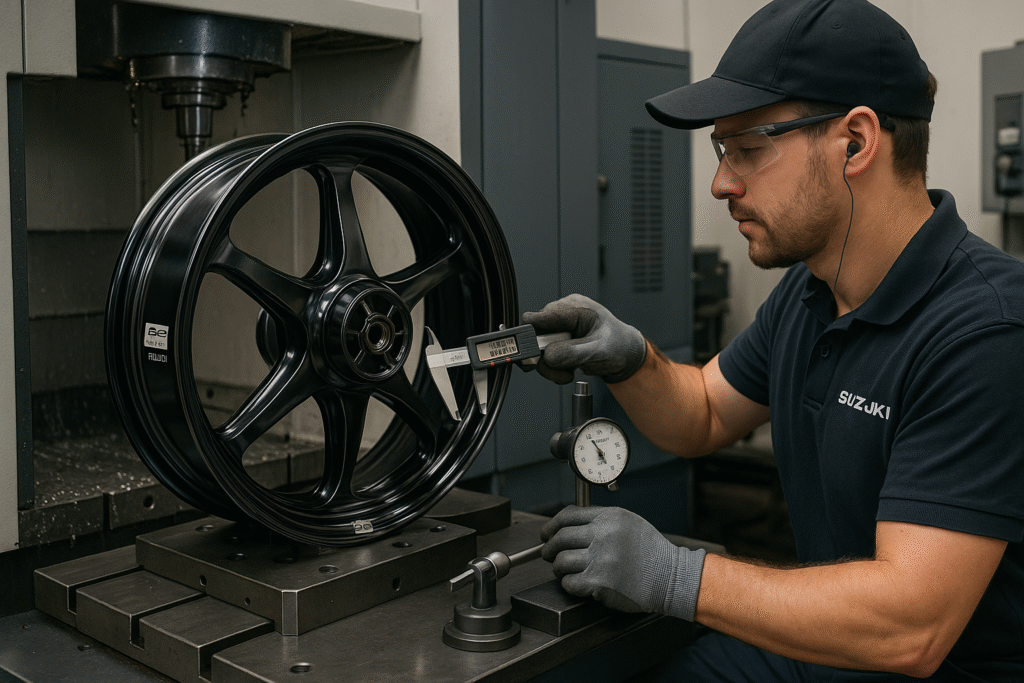 Technician performing CNC inspection and surface measurement on a forged Suzuki motorcycle wheel in a clean workshop.