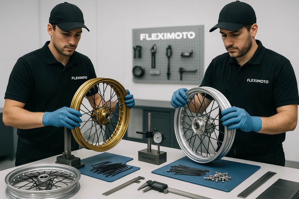 FLEXIMOTO technicians inspecting laced scooter wheels in a CNC-equipped quality control workshop